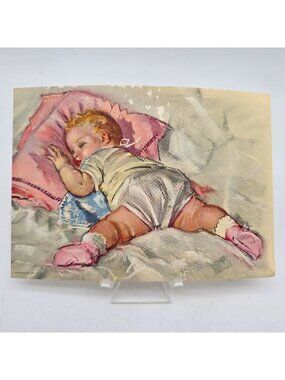 Vintage Baby Illustration Print Sleeping Child Pink Pillow Litho USA 1930s